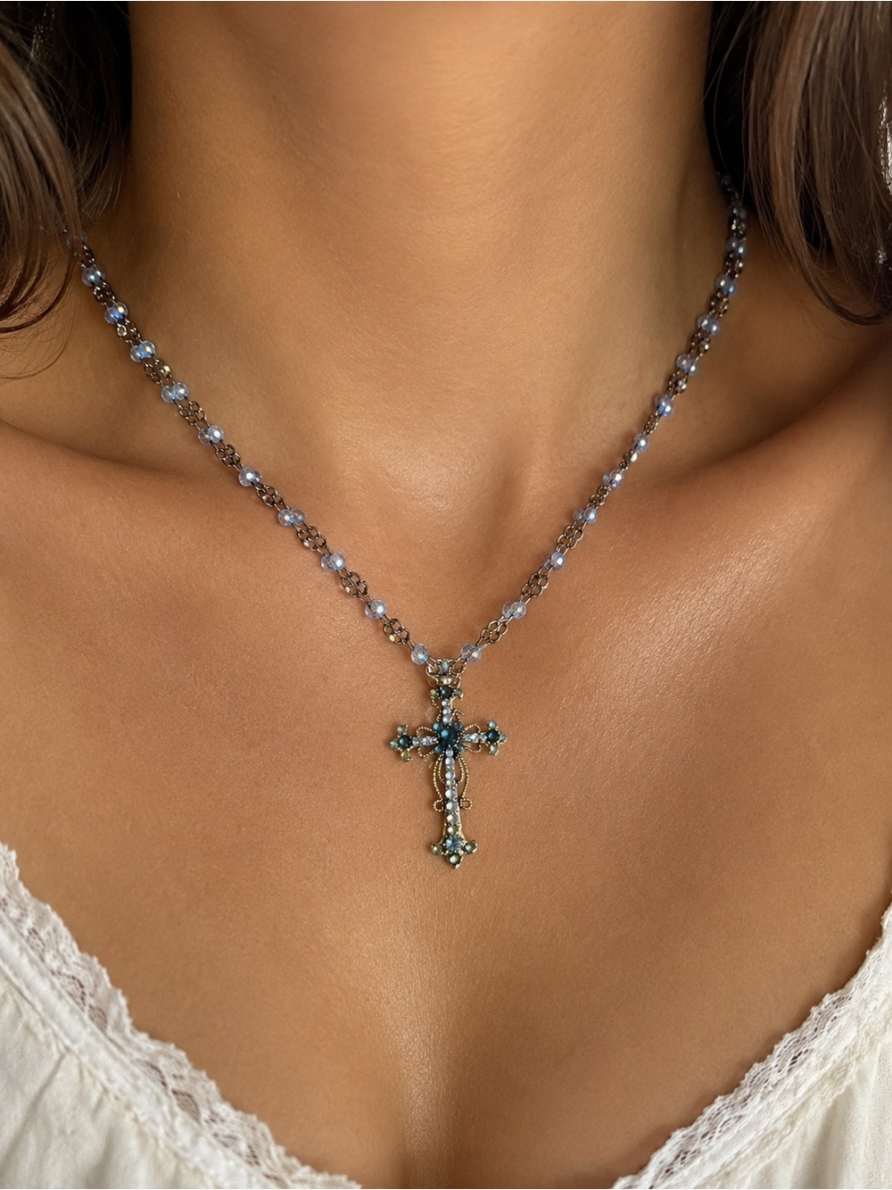 Blue Crystal Cross Pendant Necklace Vintage Style Beaded Chain Boho Gothic